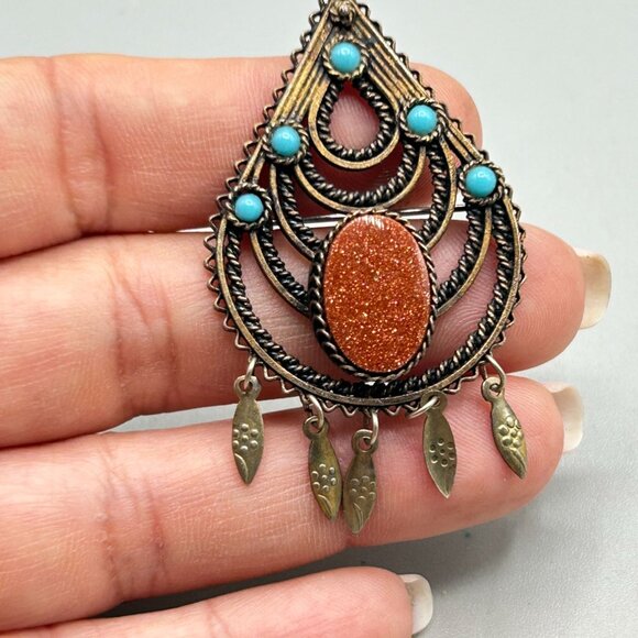 Vintage Silver 800 Pin Brooch Pendant Goldstone and Blue Ballotini Drop Shape - Picture 4 of 6